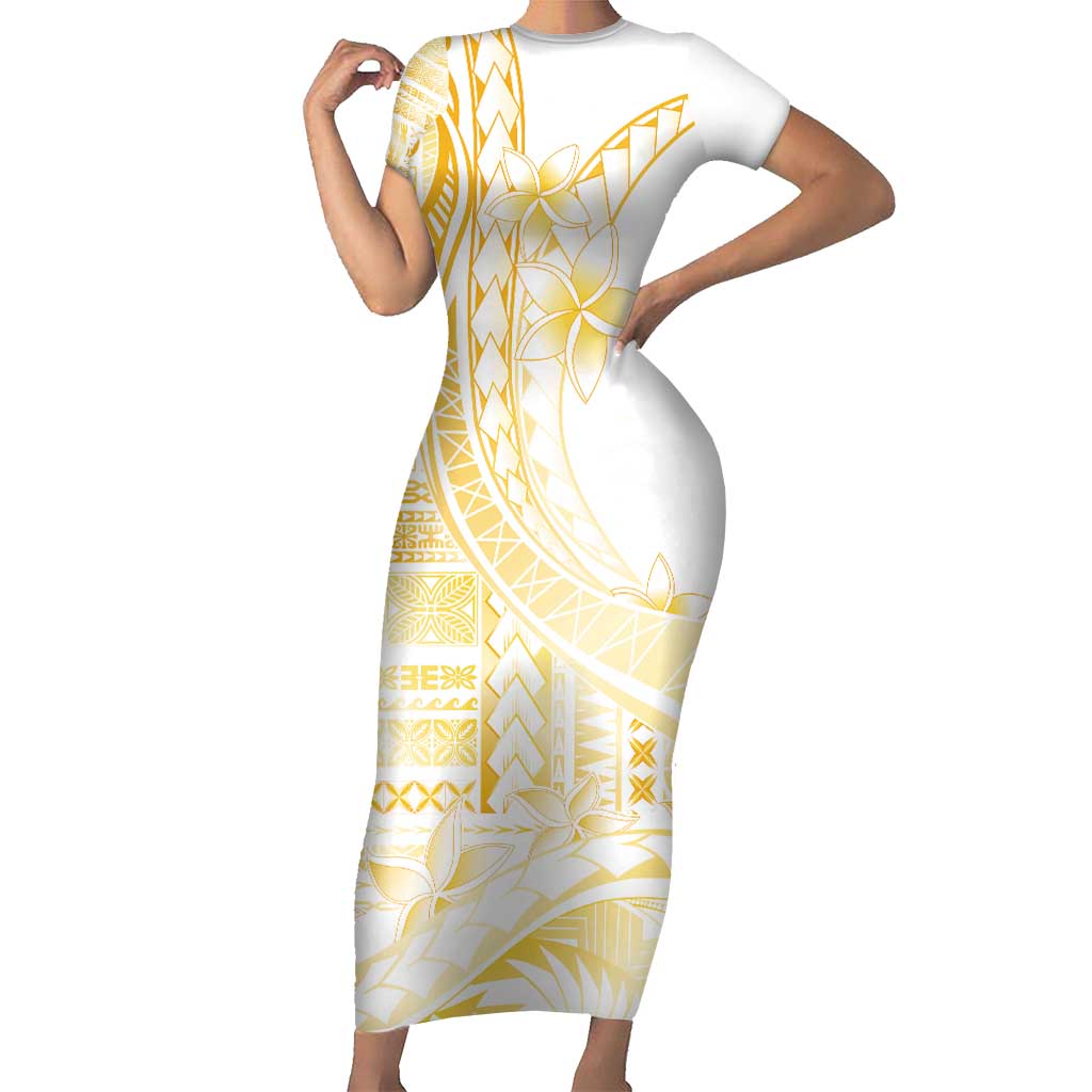 Samoa Siapo Mamanu Family Matching Short Sleeve Bodycon Dress and Hawaiian Shirt Plumeria Fancy Gold Motifs LT7 Mom's Dress Gold - Polynesian Pride