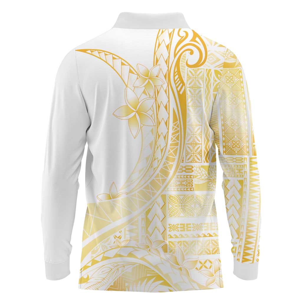 Samoa Siapo Mamanu Long Sleeve Polo Shirt Plumeria Fancy Gold Motifs