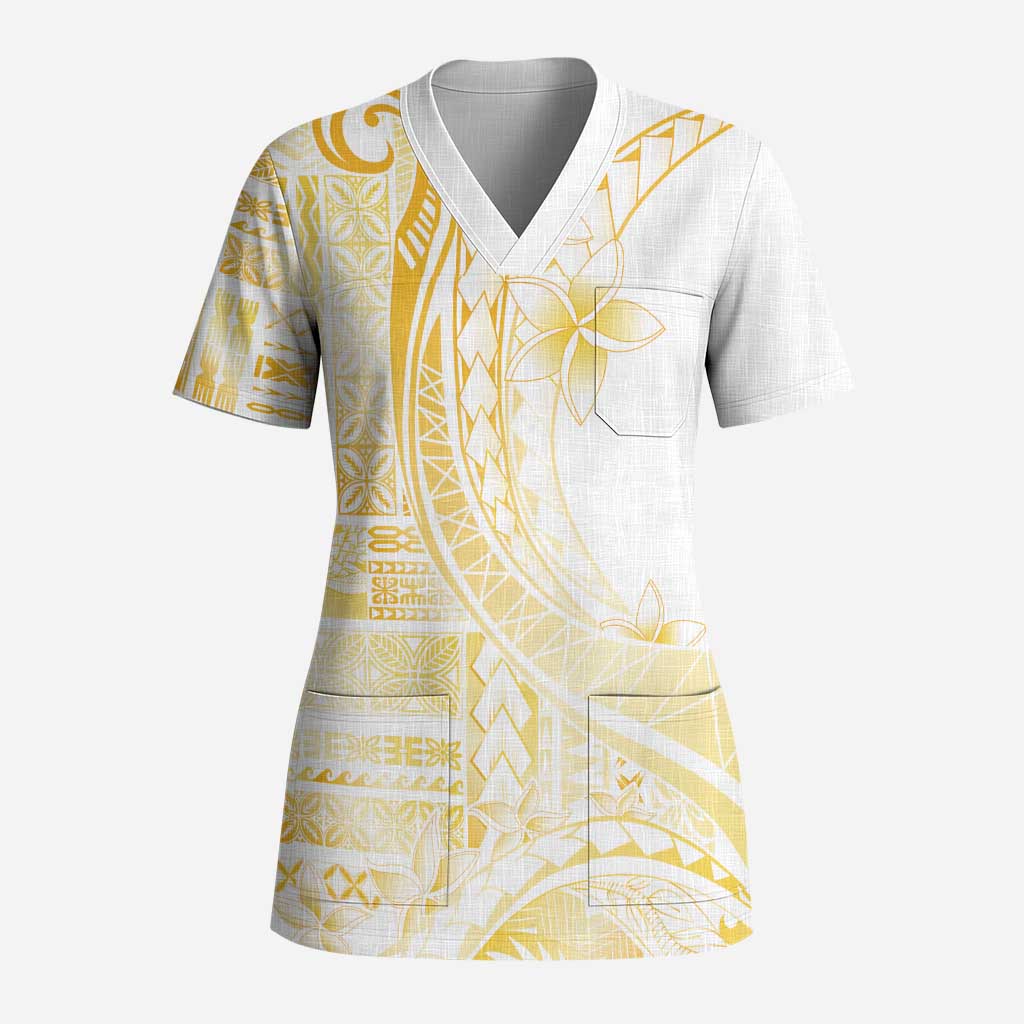 Samoa Siapo Mamanu Scrub Top Plumeria Fancy Gold Motifs - Polynesian Pride