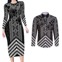 Aotearoa Taniko Pattern Couples Matching Long Sleeve Bodycon Dress and Long Sleeve Button Shirt Poutama Mix Kowhai Flowers