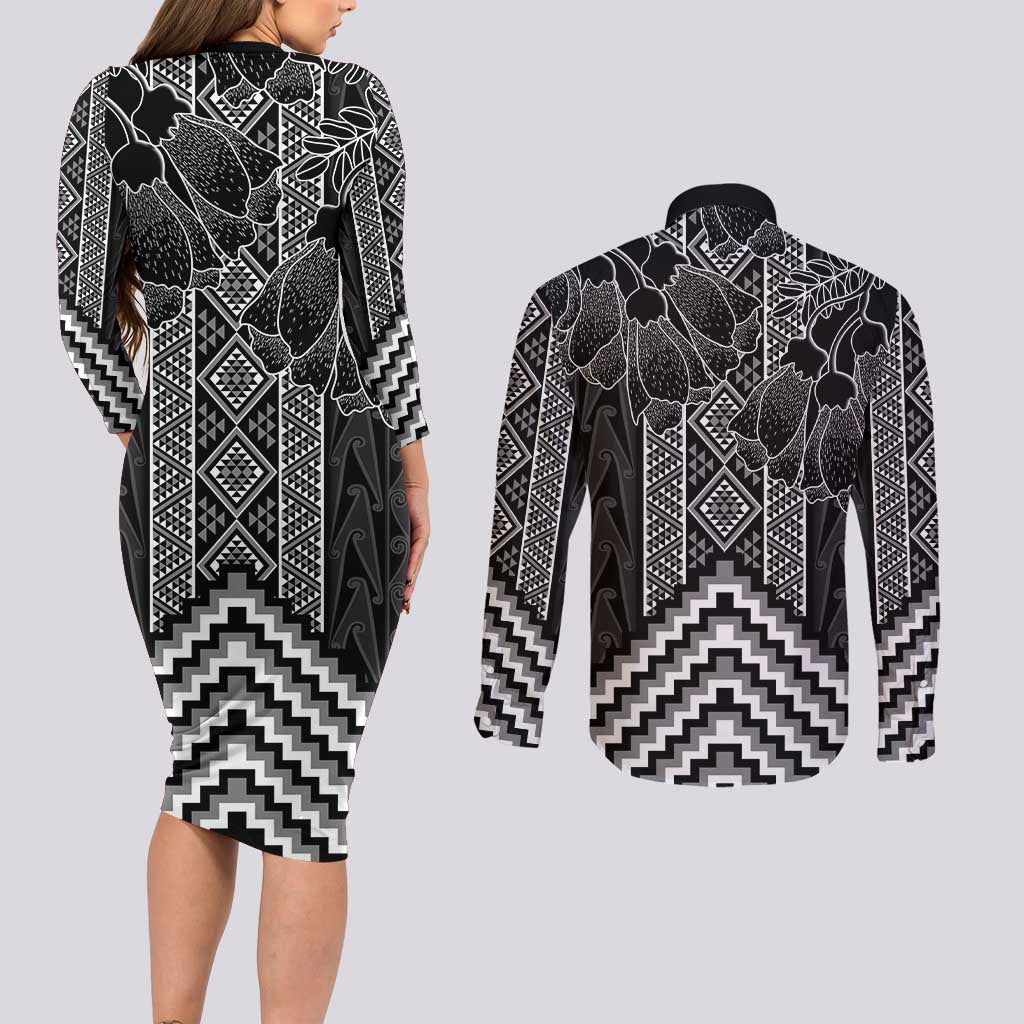 Aotearoa Taniko Pattern Couples Matching Long Sleeve Bodycon Dress and Long Sleeve Button Shirt Poutama Mix Kowhai Flowers