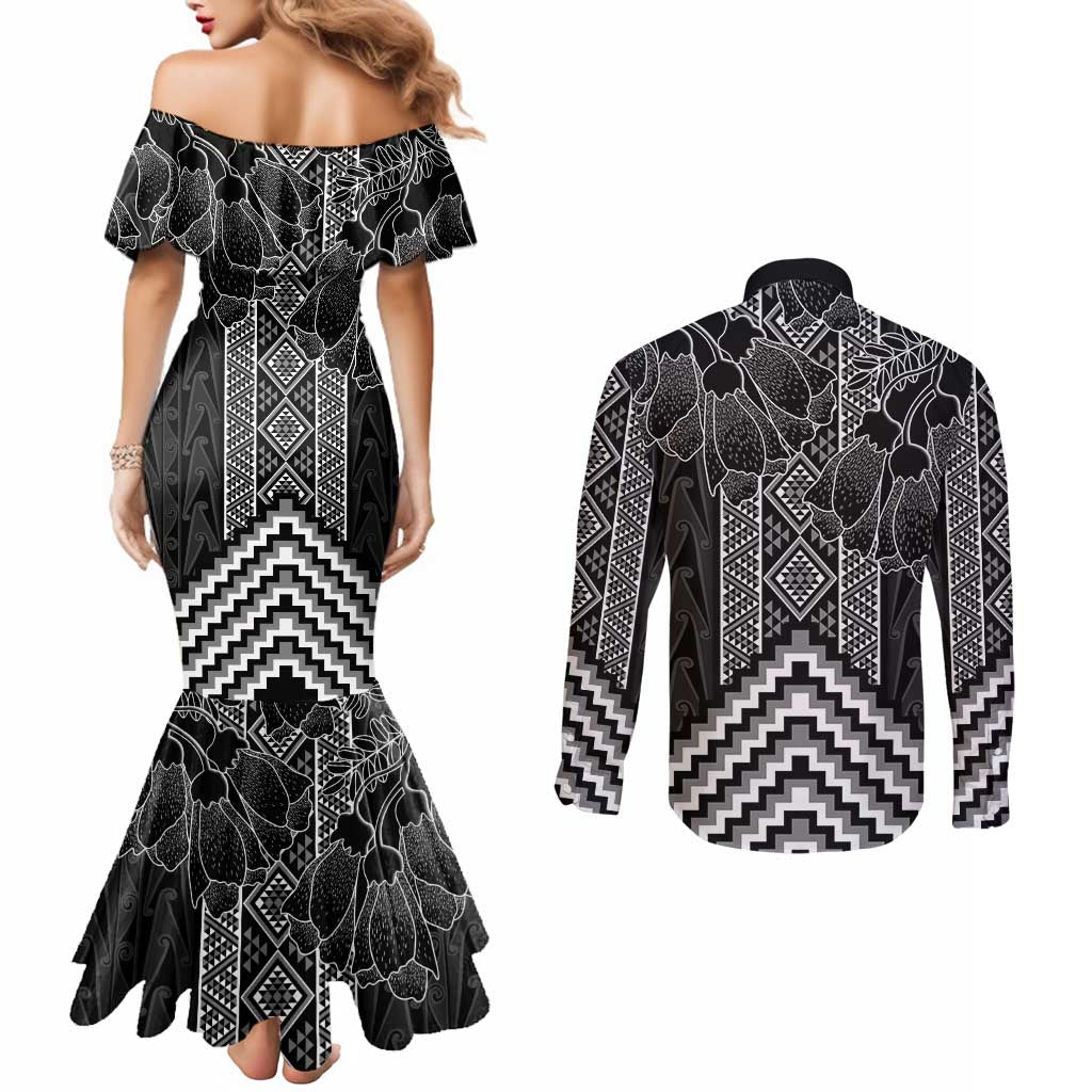 Aotearoa Taniko Pattern Couples Matching Mermaid Dress and Long Sleeve Button Shirt Poutama Mix Kowhai Flowers