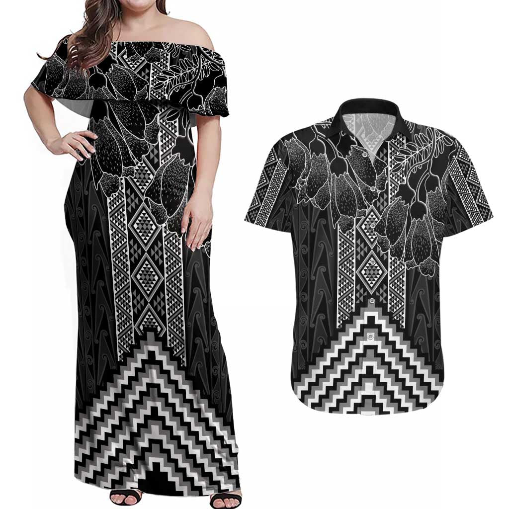 Aotearoa Taniko Pattern Couples Matching Off Shoulder Maxi Dress and Hawaiian Shirt Poutama Mix Kowhai Flowers