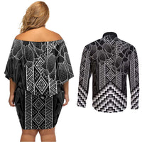 Aotearoa Taniko Pattern Couples Matching Off Shoulder Short Dress and Long Sleeve Button Shirt Poutama Mix Kowhai Flowers