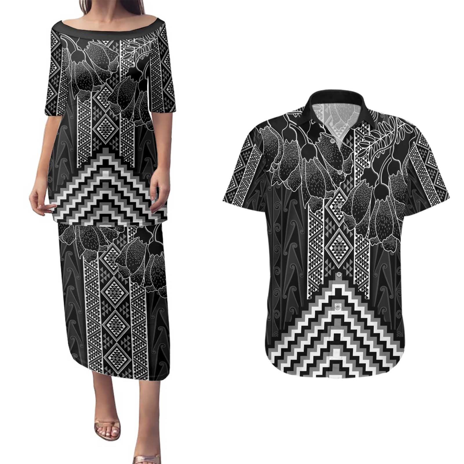 Aotearoa Taniko Pattern Couples Matching Puletasi and Hawaiian Shirt Poutama Mix Kowhai Flowers LT7 Grey - Polynesian Pride