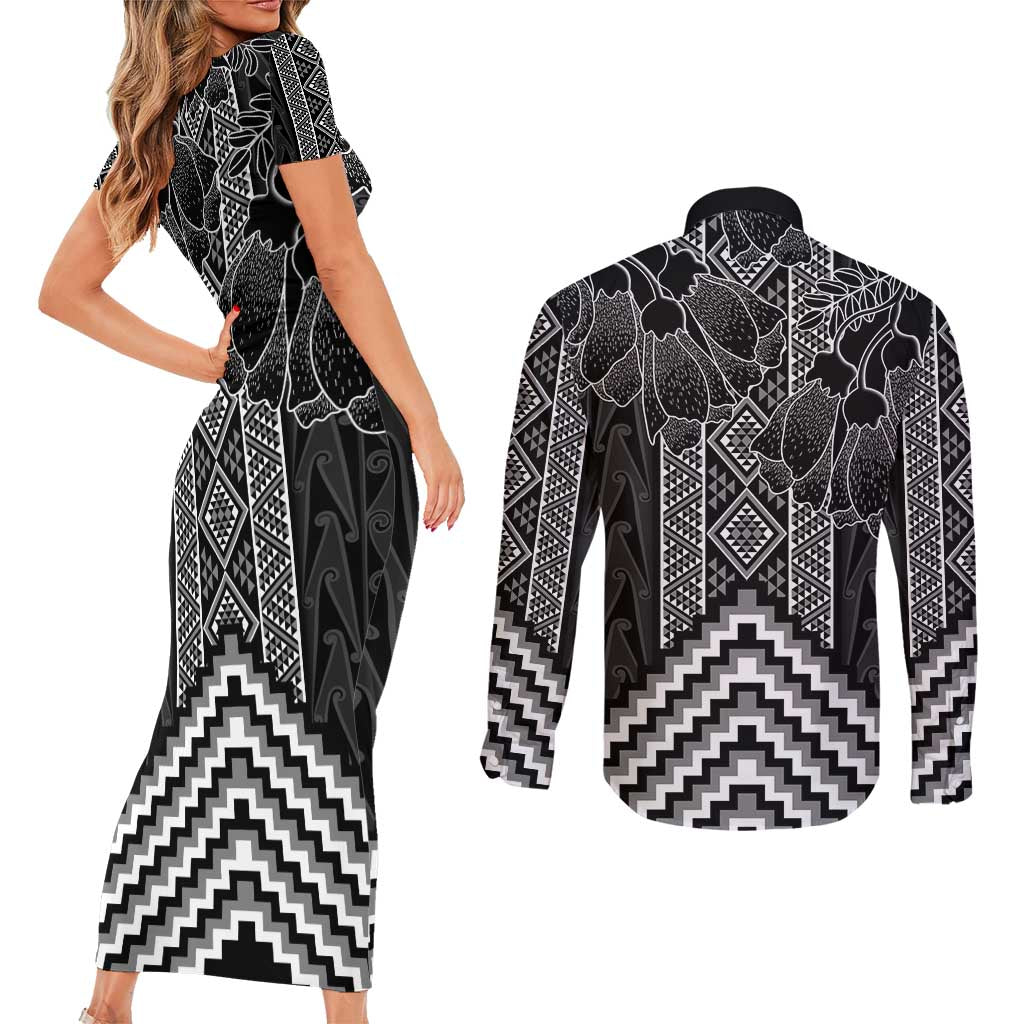 Aotearoa Taniko Pattern Couples Matching Short Sleeve Bodycon Dress and Long Sleeve Button Shirt Poutama Mix Kowhai Flowers