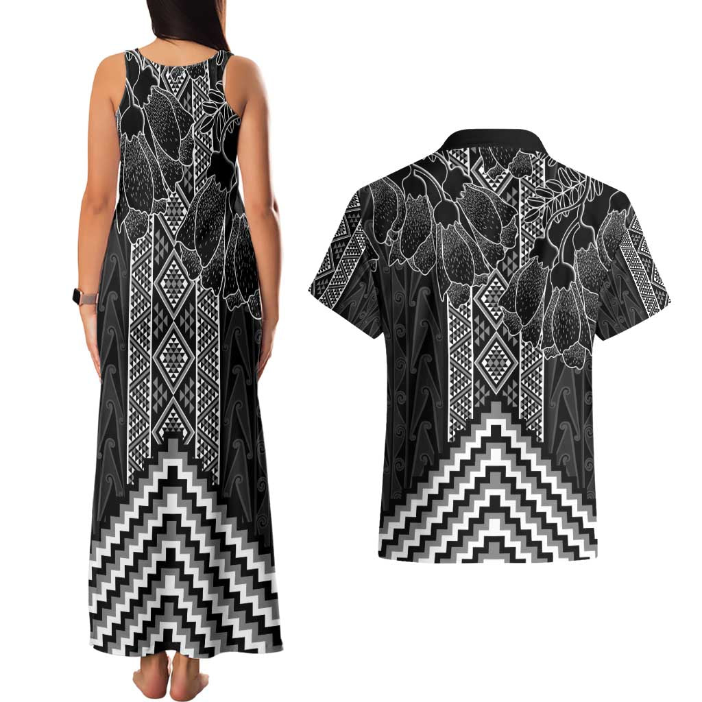 Aotearoa Taniko Pattern Couples Matching Tank Maxi Dress and Hawaiian Shirt Poutama Mix Kowhai Flowers