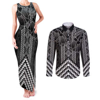 Aotearoa Taniko Pattern Couples Matching Tank Maxi Dress and Long Sleeve Button Shirt Poutama Mix Kowhai Flowers