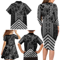 Aotearoa Taniko Pattern Family Matching Long Sleeve Bodycon Dress and Hawaiian Shirt Poutama Mix Kowhai Flowers LT7 - Polynesian Pride