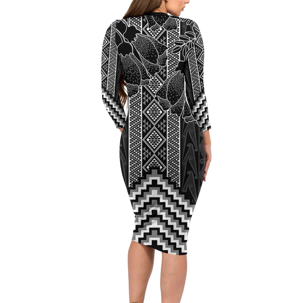 Aotearoa Taniko Pattern Family Matching Long Sleeve Bodycon Dress and Hawaiian Shirt Poutama Mix Kowhai Flowers LT7 - Polynesian Pride
