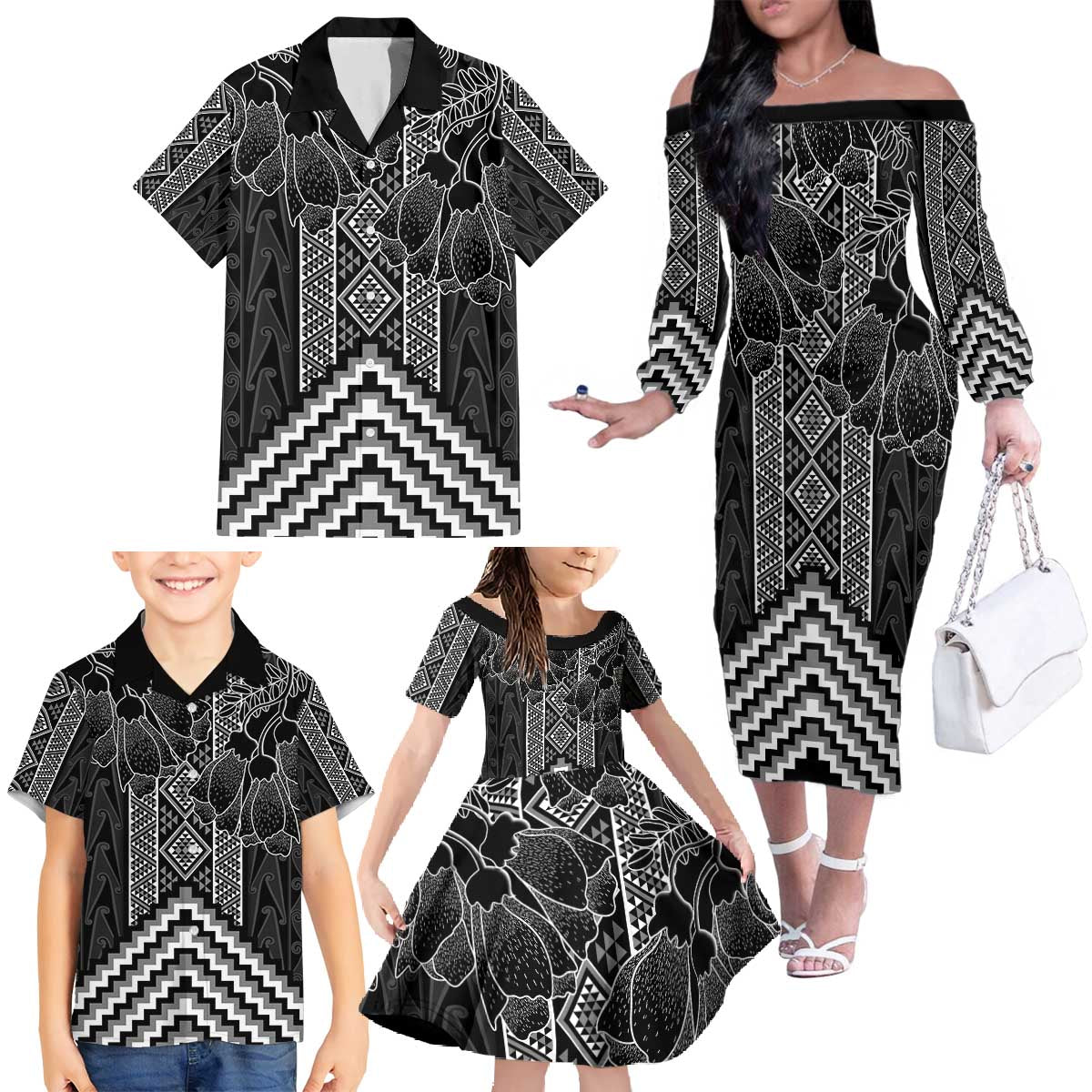 Aotearoa Taniko Pattern Family Matching Off The Shoulder Long Sleeve Dress and Hawaiian Shirt Poutama Mix Kowhai Flowers LT7 - Polynesian Pride