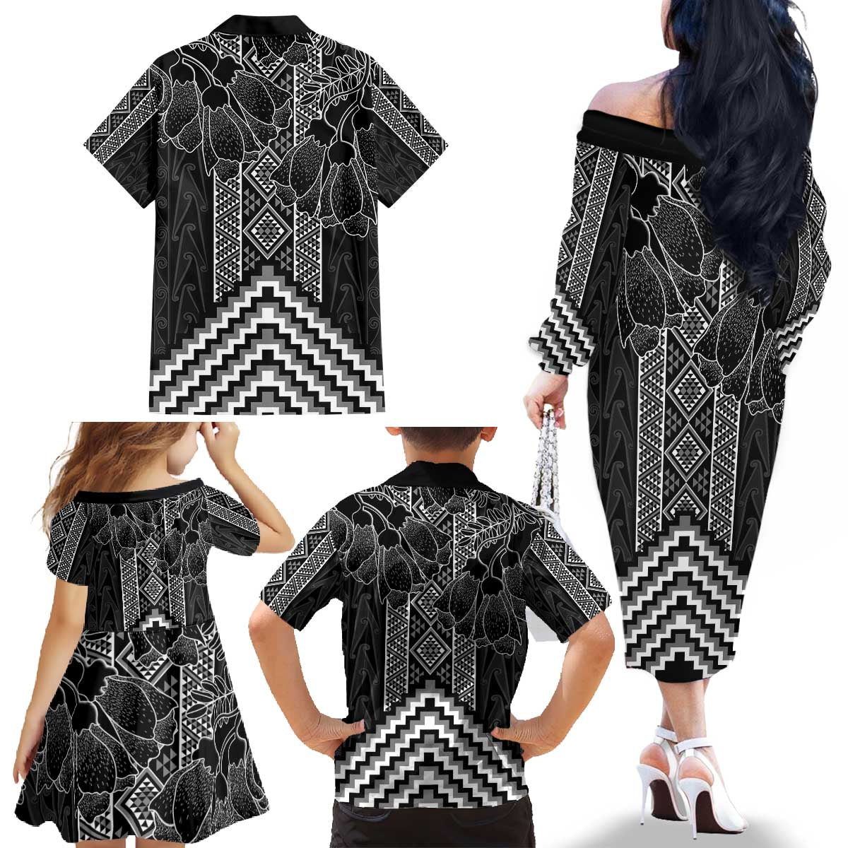Aotearoa Taniko Pattern Family Matching Off The Shoulder Long Sleeve Dress and Hawaiian Shirt Poutama Mix Kowhai Flowers LT7 - Polynesian Pride