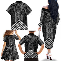 Aotearoa Taniko Pattern Family Matching Off The Shoulder Long Sleeve Dress and Hawaiian Shirt Poutama Mix Kowhai Flowers LT7 - Polynesian Pride