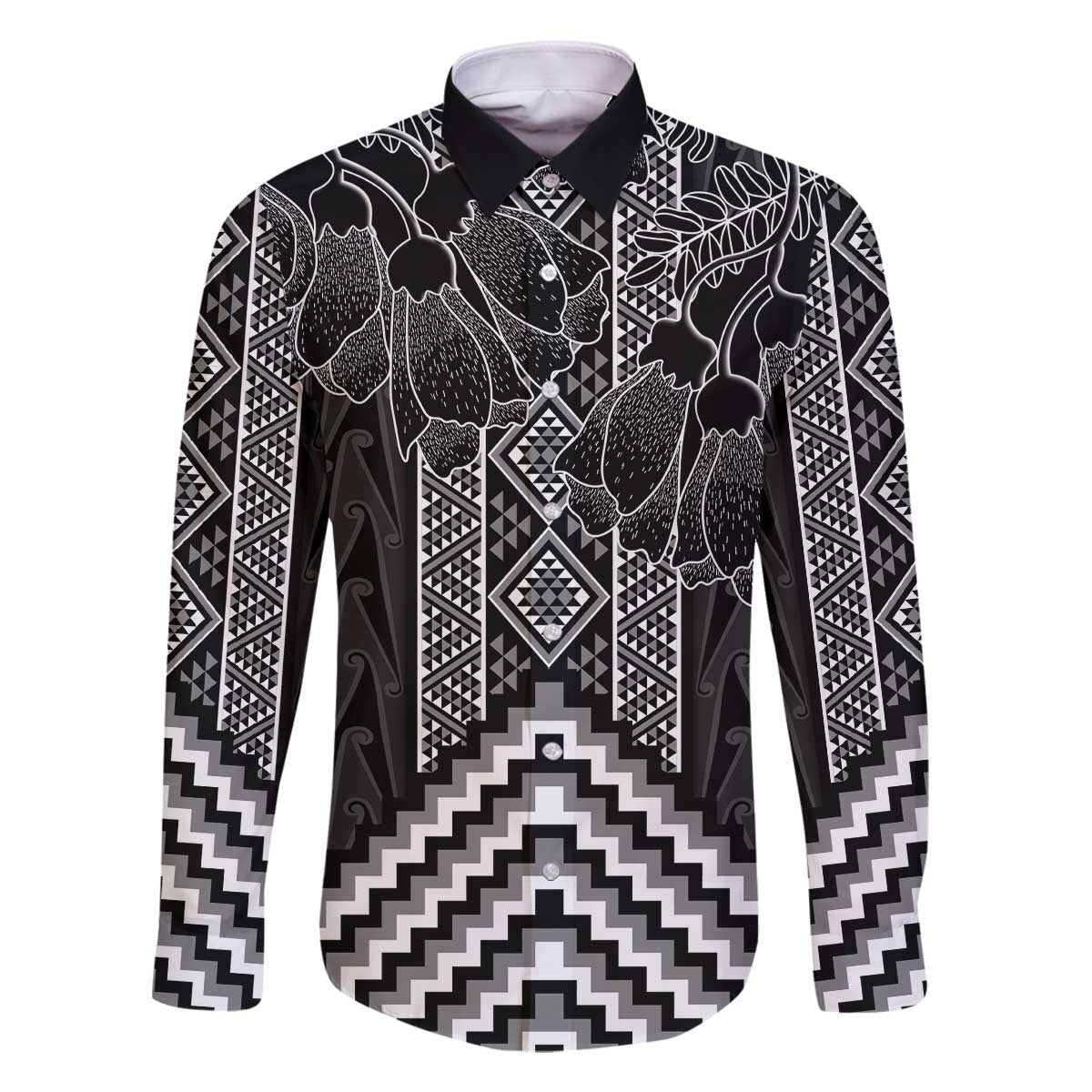 Aotearoa Taniko Pattern Family Matching Off The Shoulder Long Sleeve Dress and Hawaiian Shirt Poutama Mix Kowhai Flowers LT7 Dad's Shirt - Long Sleeve Grey - Polynesian Pride