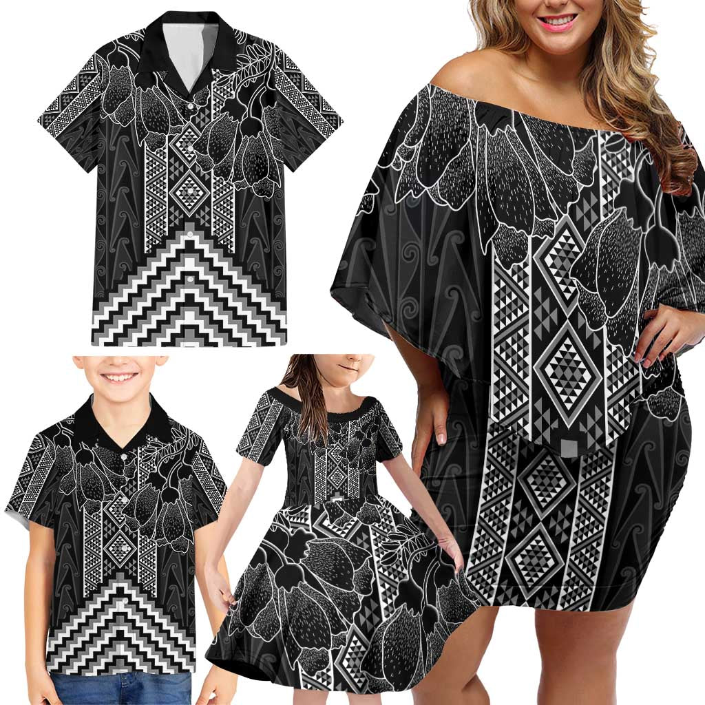 Aotearoa Taniko Pattern Family Matching Off Shoulder Short Dress and Hawaiian Shirt Poutama Mix Kowhai Flowers LT7 - Polynesian Pride