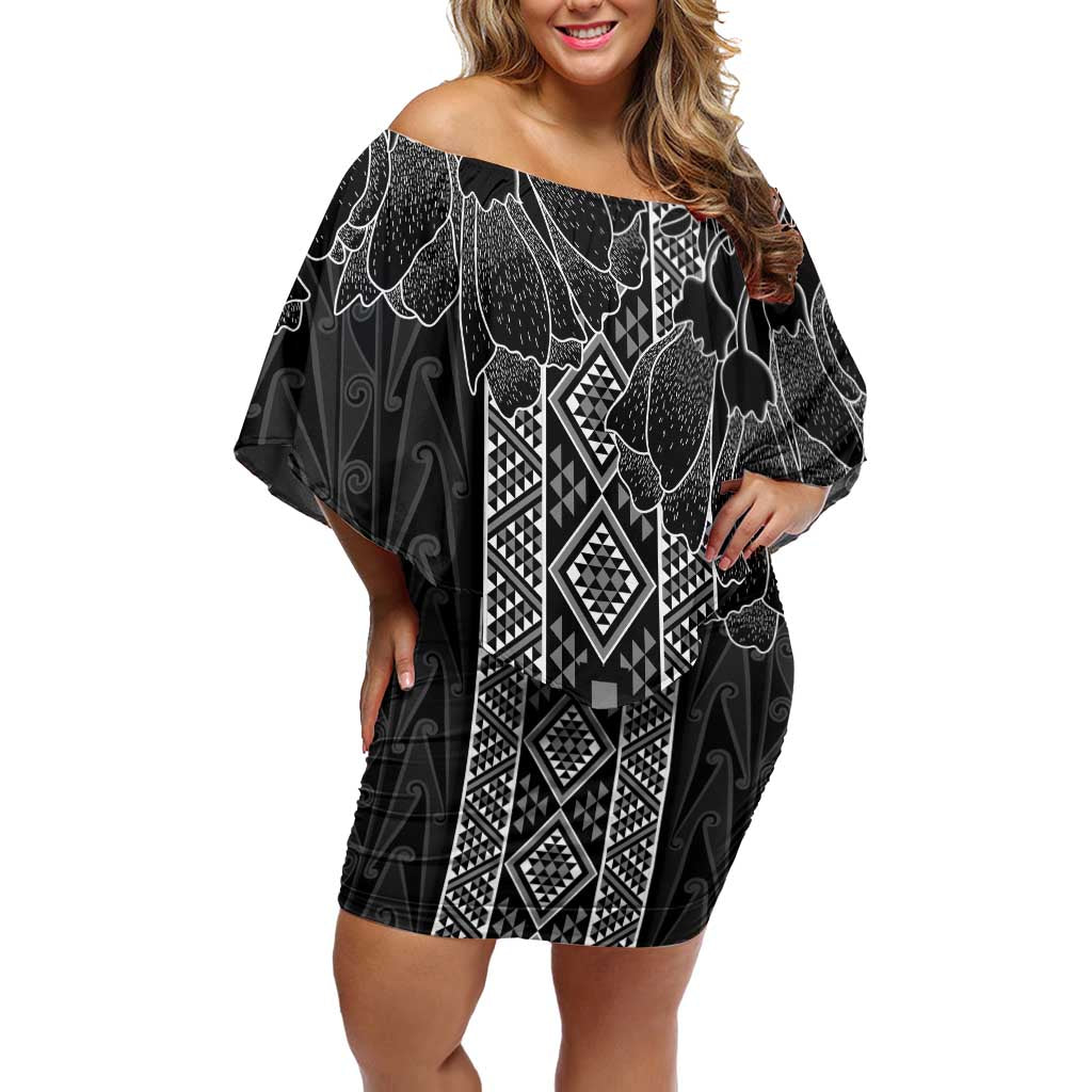 Aotearoa Taniko Pattern Family Matching Off Shoulder Short Dress and Hawaiian Shirt Poutama Mix Kowhai Flowers LT7 Mom's Dress Grey - Polynesian Pride