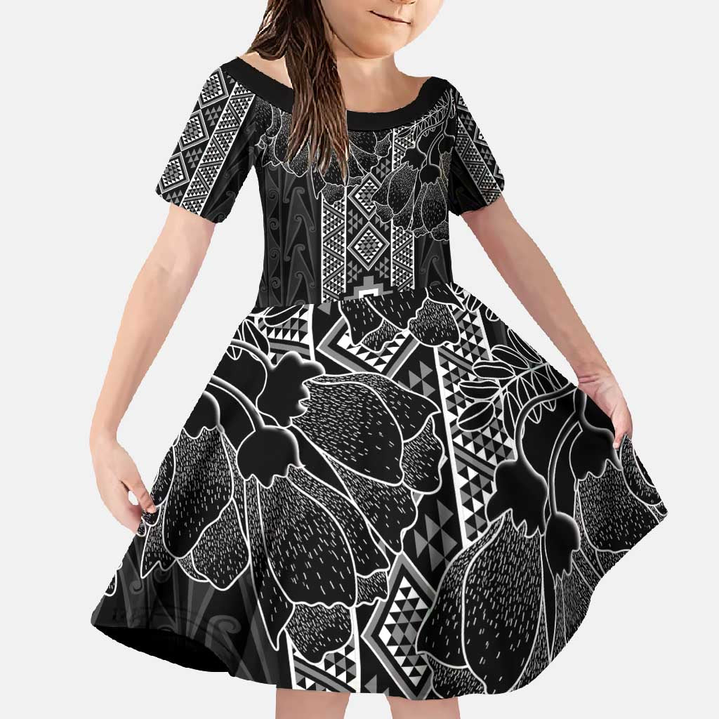Aotearoa Taniko Pattern Family Matching Short Sleeve Bodycon Dress and Hawaiian Shirt Poutama Mix Kowhai Flowers LT7 Daughter's Dress Grey - Polynesian Pride