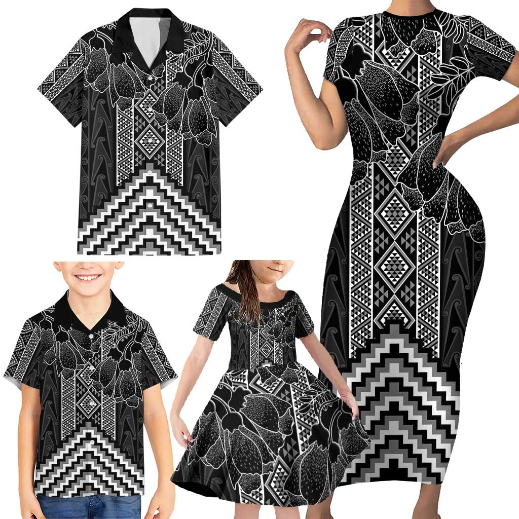 Aotearoa Taniko Pattern Family Matching Short Sleeve Bodycon Dress and Hawaiian Shirt Poutama Mix Kowhai Flowers LT7 - Polynesian Pride