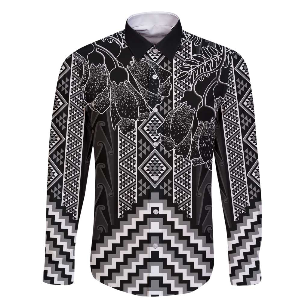 Aotearoa Taniko Pattern Family Matching Short Sleeve Bodycon Dress and Hawaiian Shirt Poutama Mix Kowhai Flowers LT7 Dad's Shirt - Long Sleeve Grey - Polynesian Pride