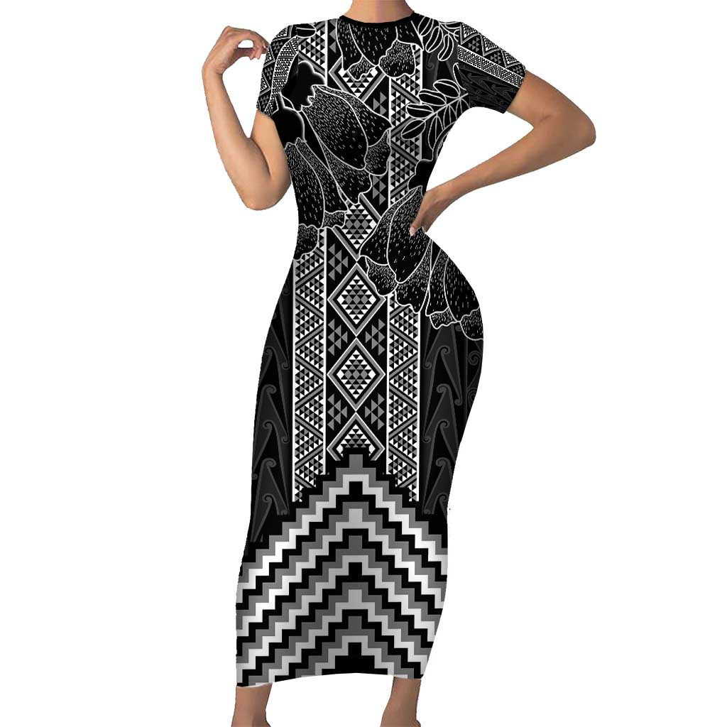 Aotearoa Taniko Pattern Family Matching Short Sleeve Bodycon Dress and Hawaiian Shirt Poutama Mix Kowhai Flowers LT7 Mom's Dress Grey - Polynesian Pride