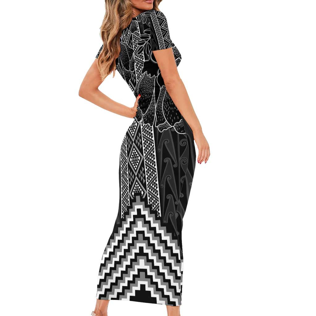 Aotearoa Taniko Pattern Family Matching Short Sleeve Bodycon Dress and Hawaiian Shirt Poutama Mix Kowhai Flowers LT7 - Polynesian Pride