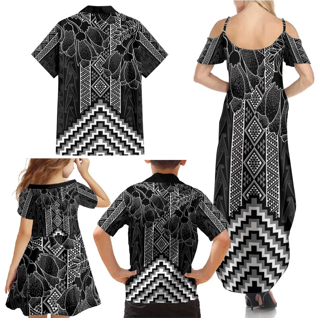 Aotearoa Taniko Pattern Family Matching Summer Maxi Dress and Hawaiian Shirt Poutama Mix Kowhai Flowers