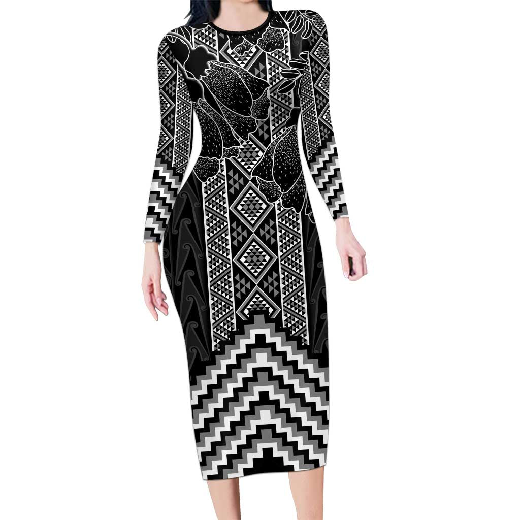 Aotearoa Taniko Pattern Long Sleeve Bodycon Dress Poutama Mix Kowhai Flowers LT7 Long Dress Grey - Polynesian Pride