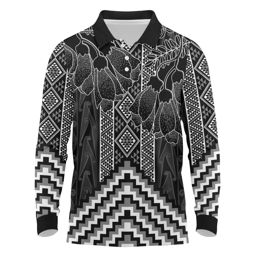 Aotearoa Taniko Pattern Long Sleeve Polo Shirt Poutama Mix Kowhai Flowers