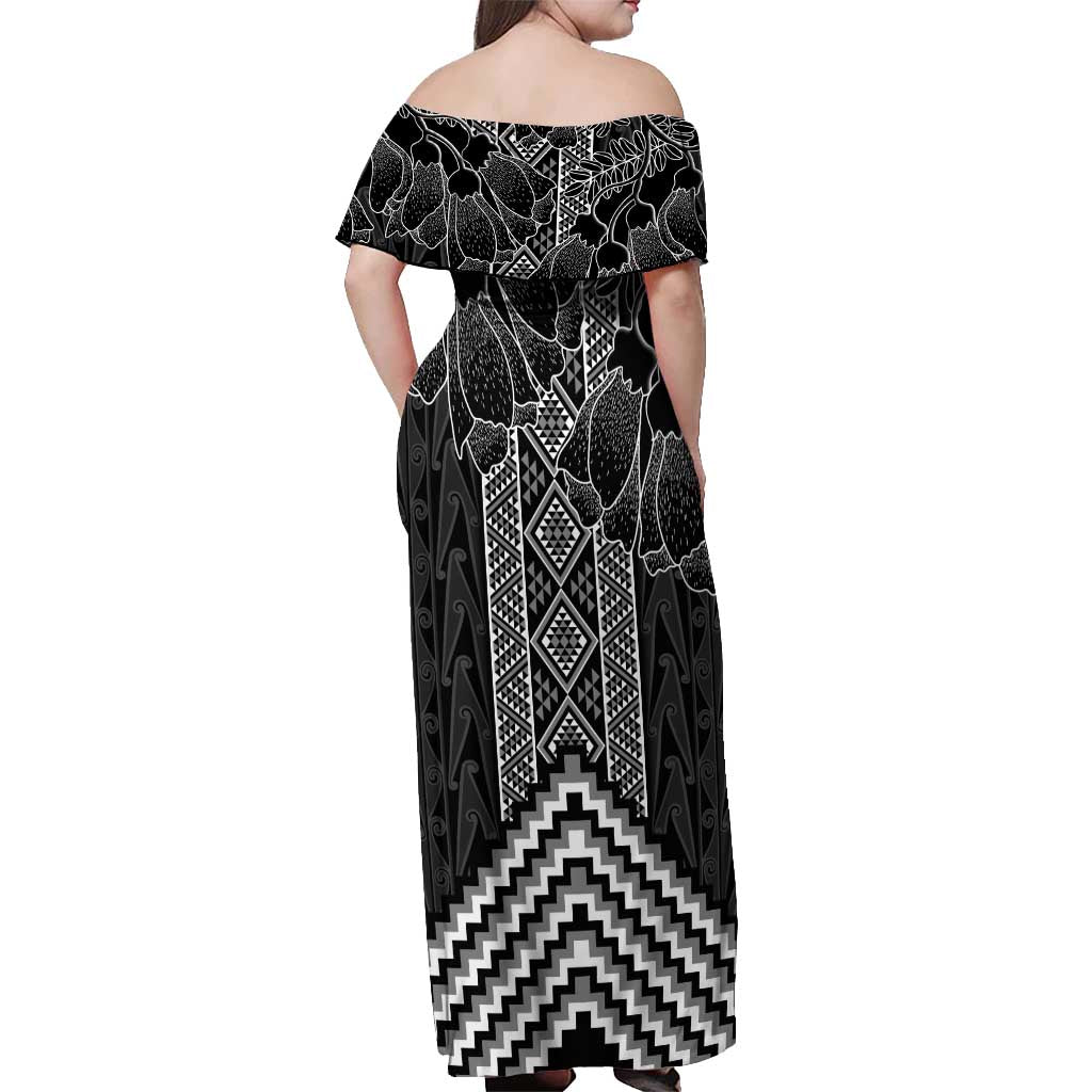 Aotearoa Taniko Pattern Off Shoulder Maxi Dress Poutama Mix Kowhai Flowers