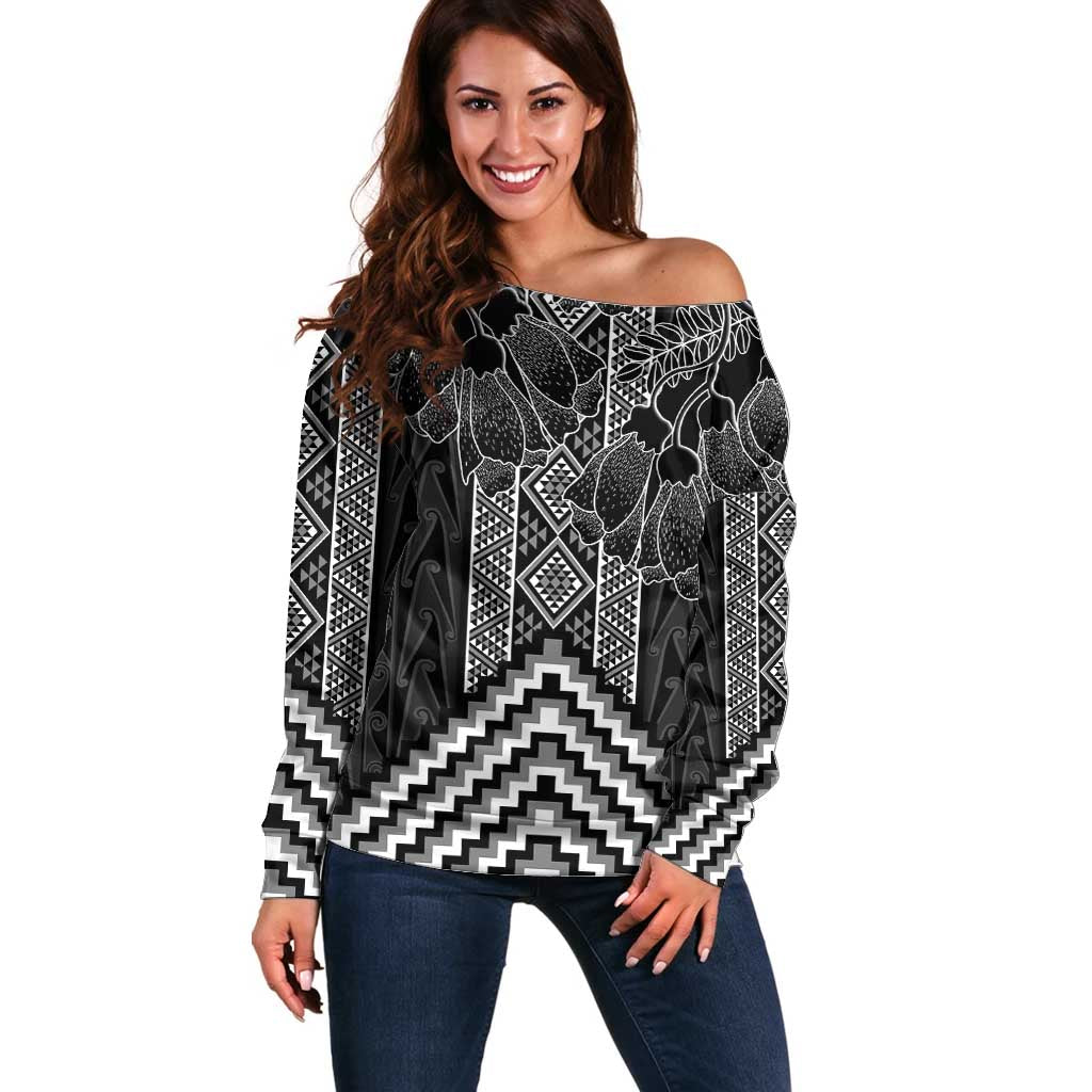 Aotearoa Taniko Pattern Off Shoulder Sweater Poutama Mix Kowhai Flowers LT7 Women Grey - Polynesian Pride