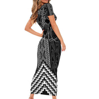 Aotearoa Taniko Pattern Short Sleeve Bodycon Dress Poutama Mix Kowhai Flowers LT7 - Polynesian Pride