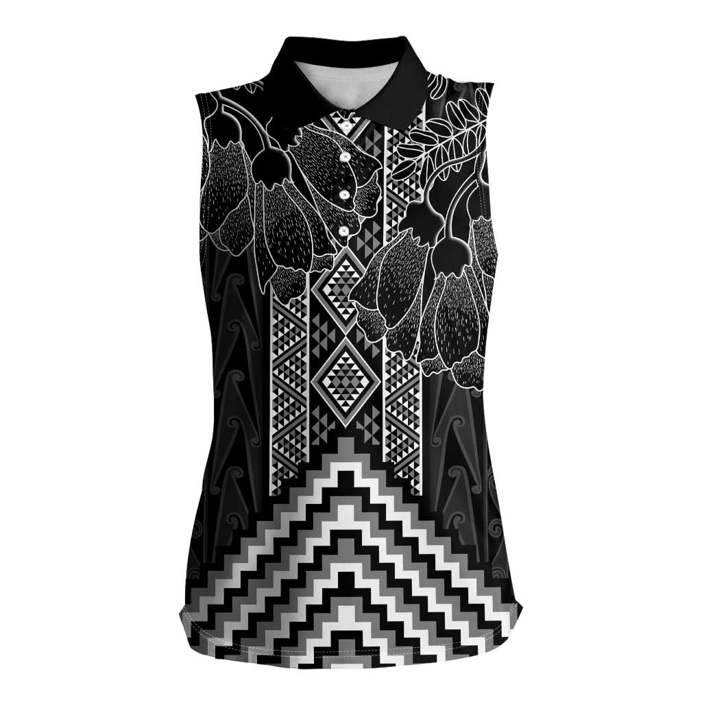 Aotearoa Taniko Pattern Women Sleeveless Polo Shirt Poutama Mix Kowhai Flowers