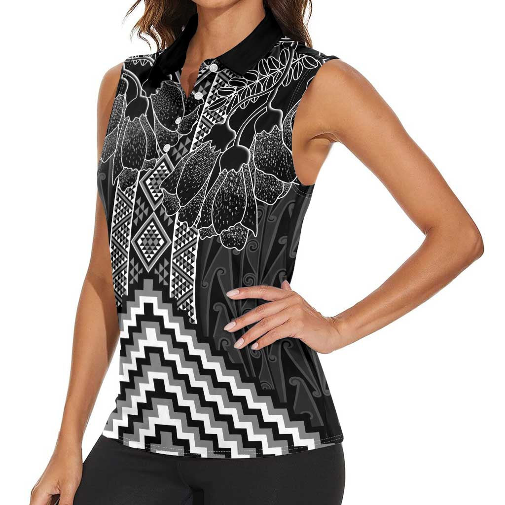 Aotearoa Taniko Pattern Women Sleeveless Polo Shirt Poutama Mix Kowhai Flowers