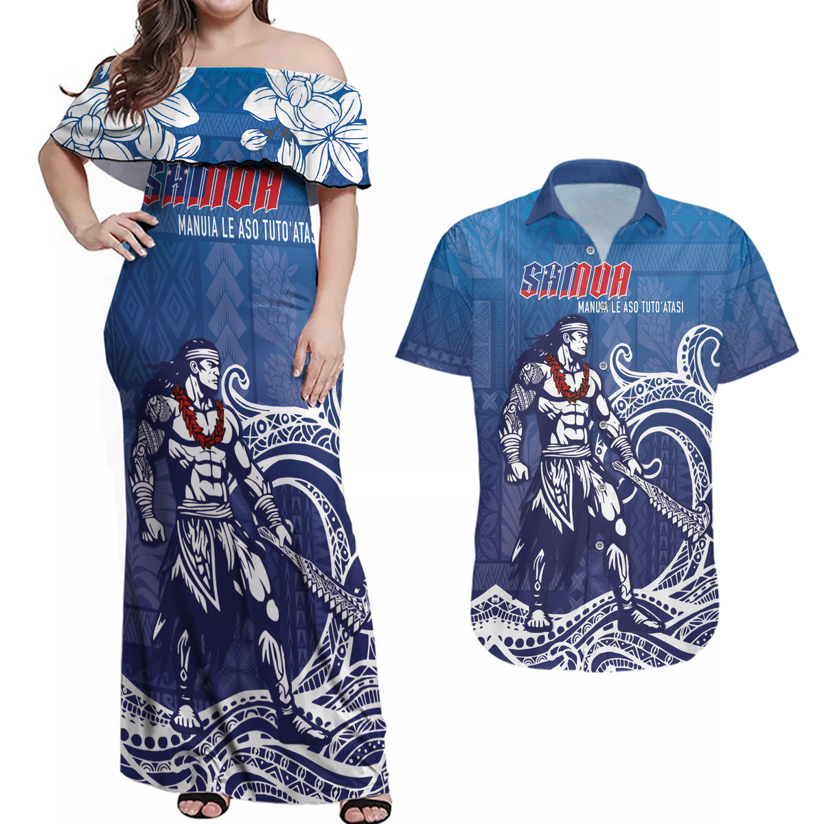 Samoa Manuia le Aso Tuto'atasi Siapo Motif Couples Matching Off Shoulder Maxi Dress and Hawaiian Shirt Warrior with Nifo Oti LT7 Blue - Polynesian Pride