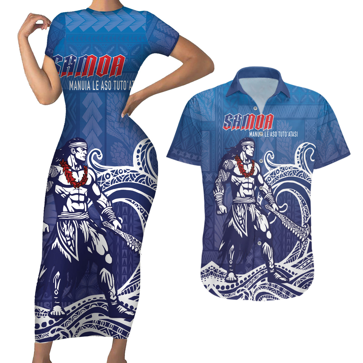 Samoa Manuia le Aso Tuto'atasi Siapo Motif Couples Matching Short Sleeve Bodycon Dress and Hawaiian Shirt Warrior with Nifo Oti LT7 Blue - Polynesian Pride