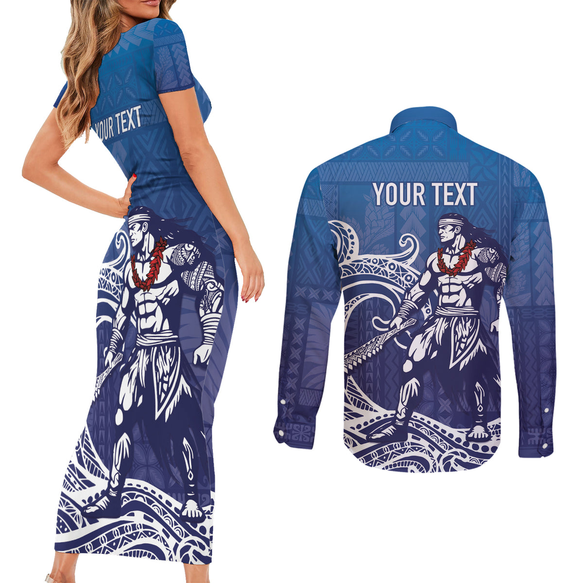 Samoa Manuia le Aso Tuto'atasi Siapo Motif Couples Matching Short Sleeve Bodycon Dress and Long Sleeve Button Shirt Warrior with Nifo Oti