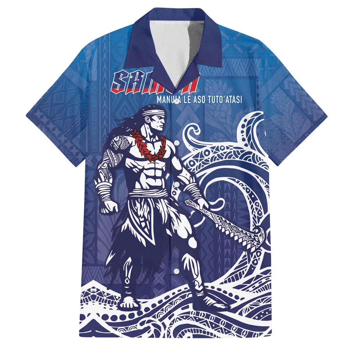 Samoa Manuia le Aso Tuto'atasi Siapo Motif Family Matching Long Sleeve Bodycon Dress and Hawaiian Shirt Warrior with Nifo Oti LT7 Dad's Shirt - Short Sleeve Blue - Polynesian Pride