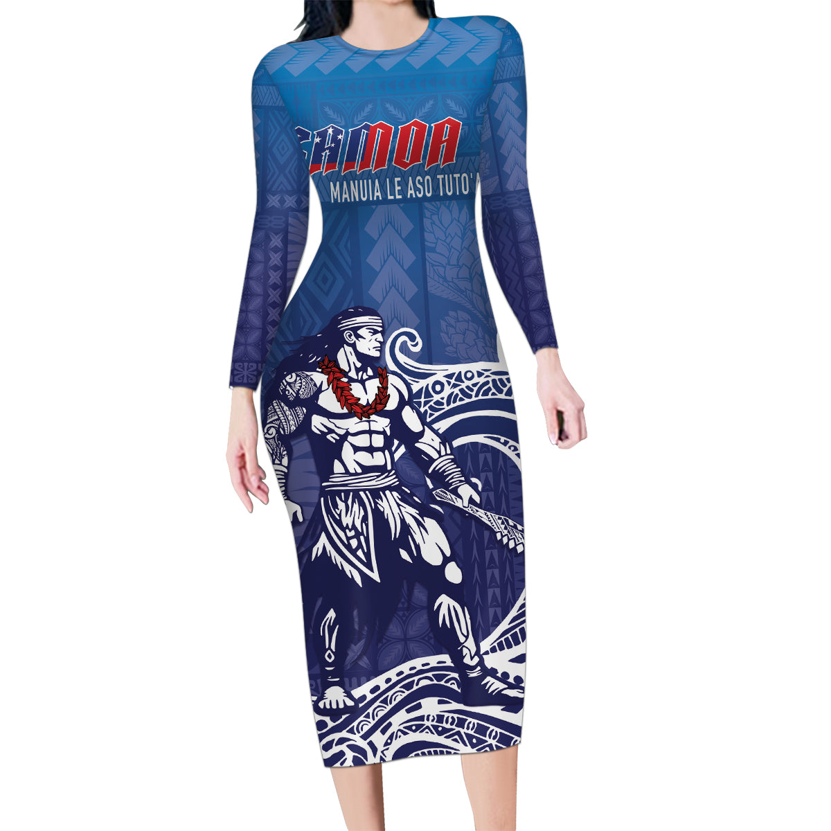 Samoa Manuia le Aso Tuto'atasi Siapo Motif Family Matching Long Sleeve Bodycon Dress and Hawaiian Shirt Warrior with Nifo Oti LT7 Mom's Dress Blue - Polynesian Pride
