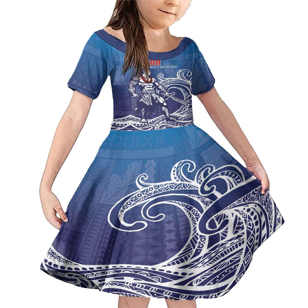 Samoa Manuia le Aso Tuto'atasi Siapo Motif Family Matching Mermaid Dress and Hawaiian Shirt Warrior with Nifo Oti LT7 Daughter's Dress Blue - Polynesian Pride