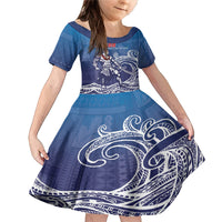 Samoa Manuia le Aso Tuto'atasi Siapo Motif Family Matching Mermaid Dress and Hawaiian Shirt Warrior with Nifo Oti LT7 Daughter's Dress Blue - Polynesian Pride