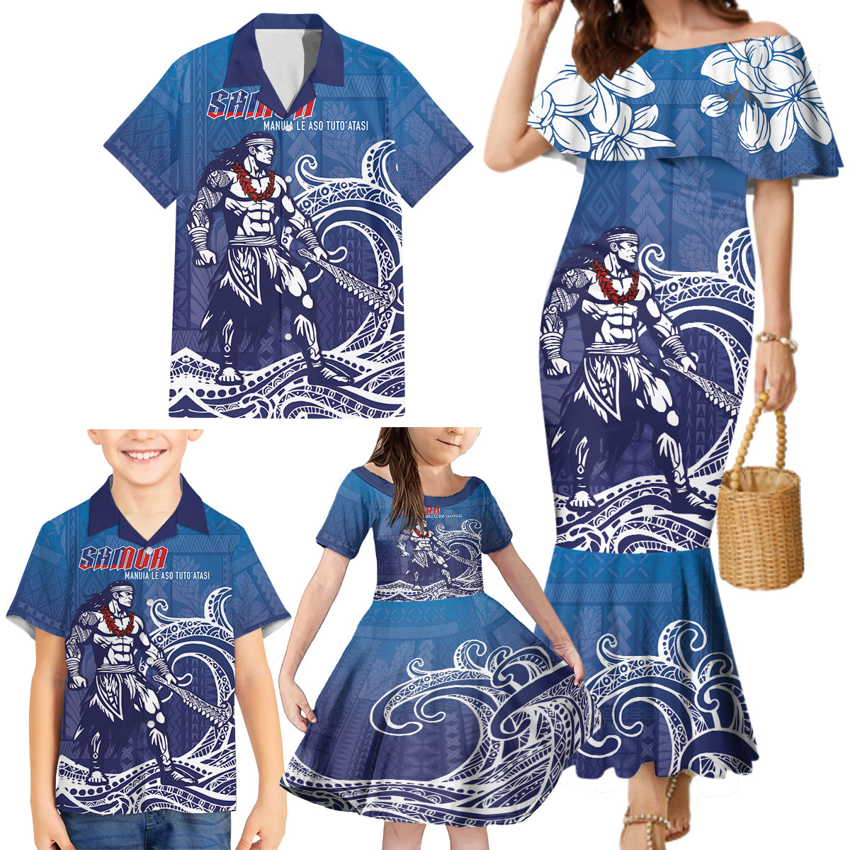 Samoa Manuia le Aso Tuto'atasi Siapo Motif Family Matching Mermaid Dress and Hawaiian Shirt Warrior with Nifo Oti LT7 - Polynesian Pride