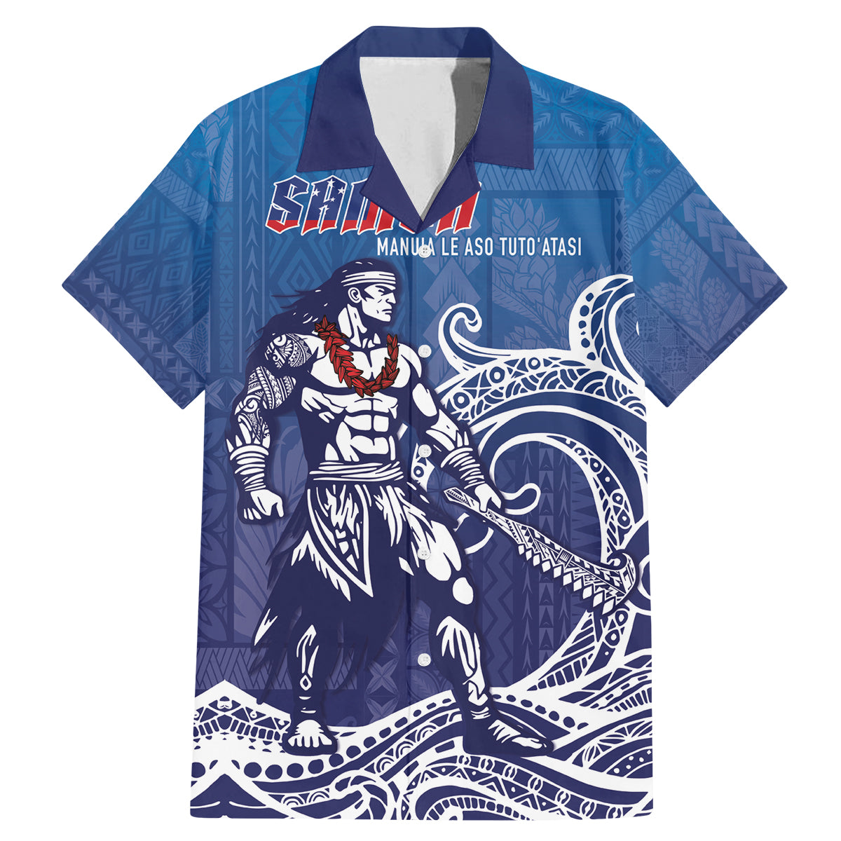 Samoa Manuia le Aso Tuto'atasi Siapo Motif Family Matching Mermaid Dress and Hawaiian Shirt Warrior with Nifo Oti LT7 Dad's Shirt - Short Sleeve Blue - Polynesian Pride
