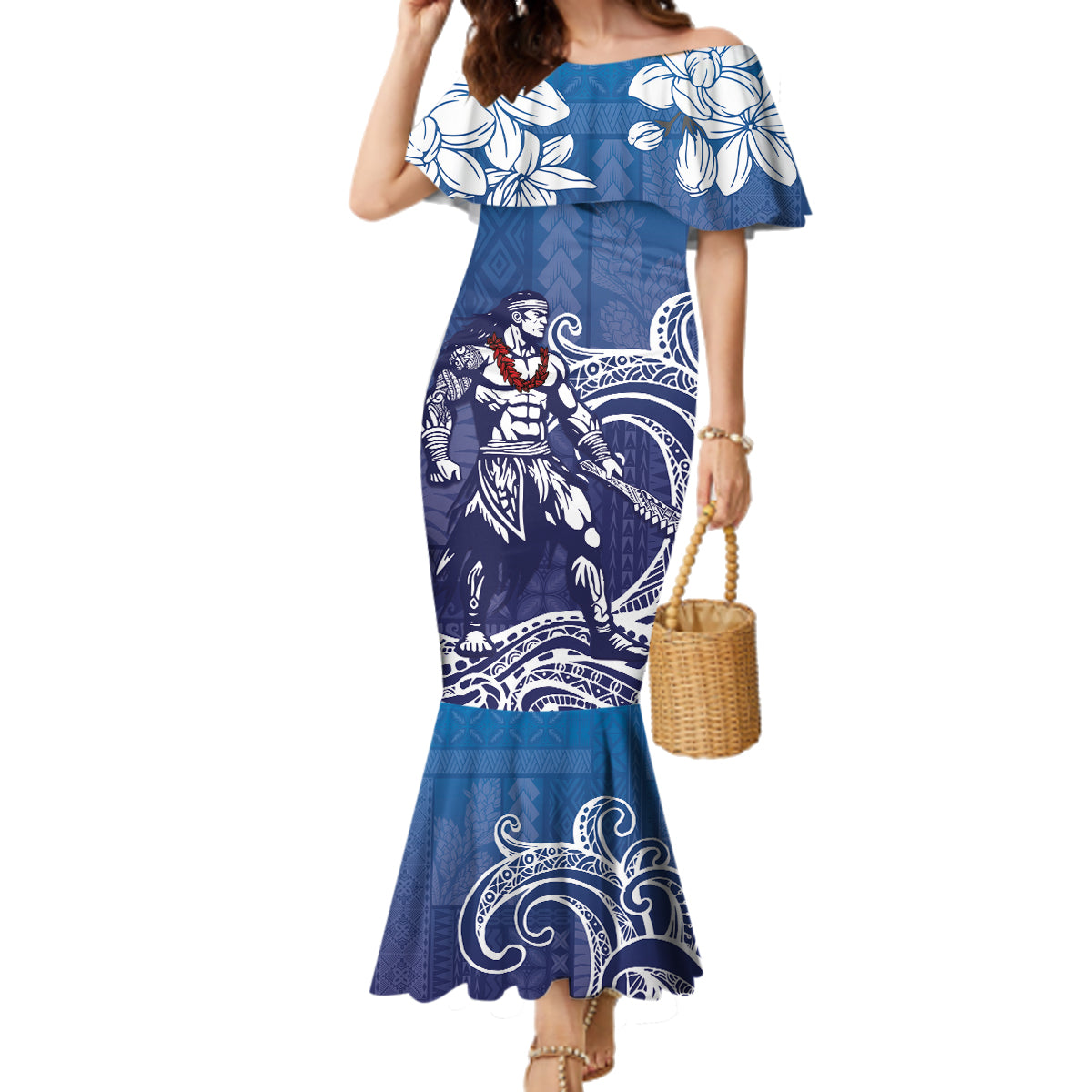 Samoa Manuia le Aso Tuto'atasi Siapo Motif Family Matching Mermaid Dress and Hawaiian Shirt Warrior with Nifo Oti LT7 Mom's Dress Blue - Polynesian Pride