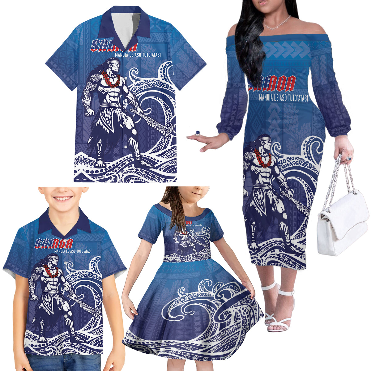 Samoa Manuia le Aso Tuto'atasi Siapo Motif Family Matching Off The Shoulder Long Sleeve Dress and Hawaiian Shirt Warrior with Nifo Oti LT7 - Polynesian Pride