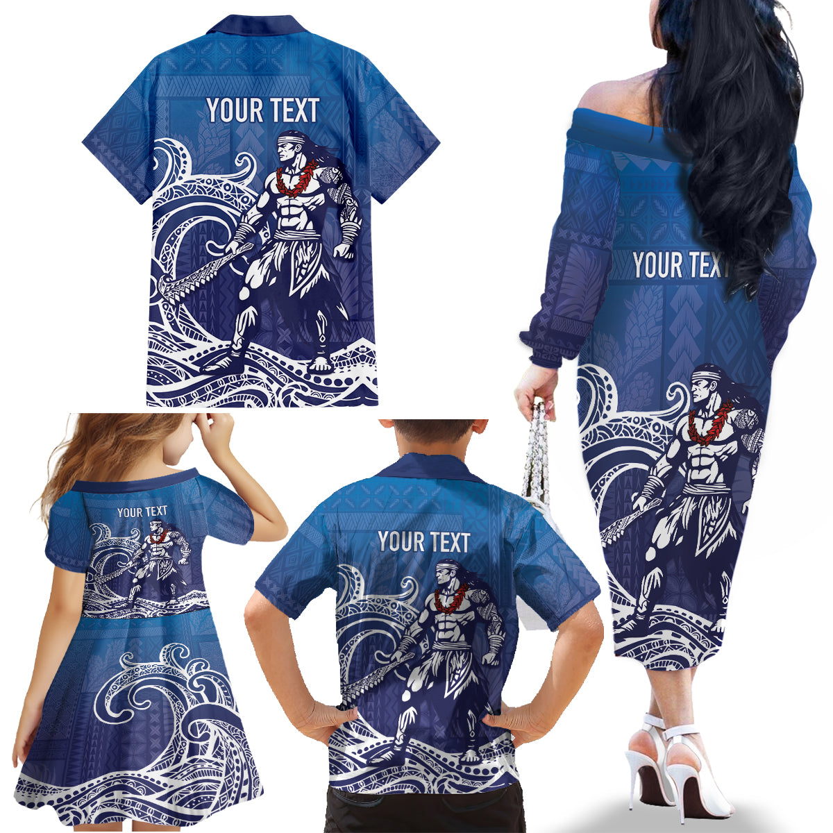 Samoa Manuia le Aso Tuto'atasi Siapo Motif Family Matching Off The Shoulder Long Sleeve Dress and Hawaiian Shirt Warrior with Nifo Oti LT7 - Polynesian Pride