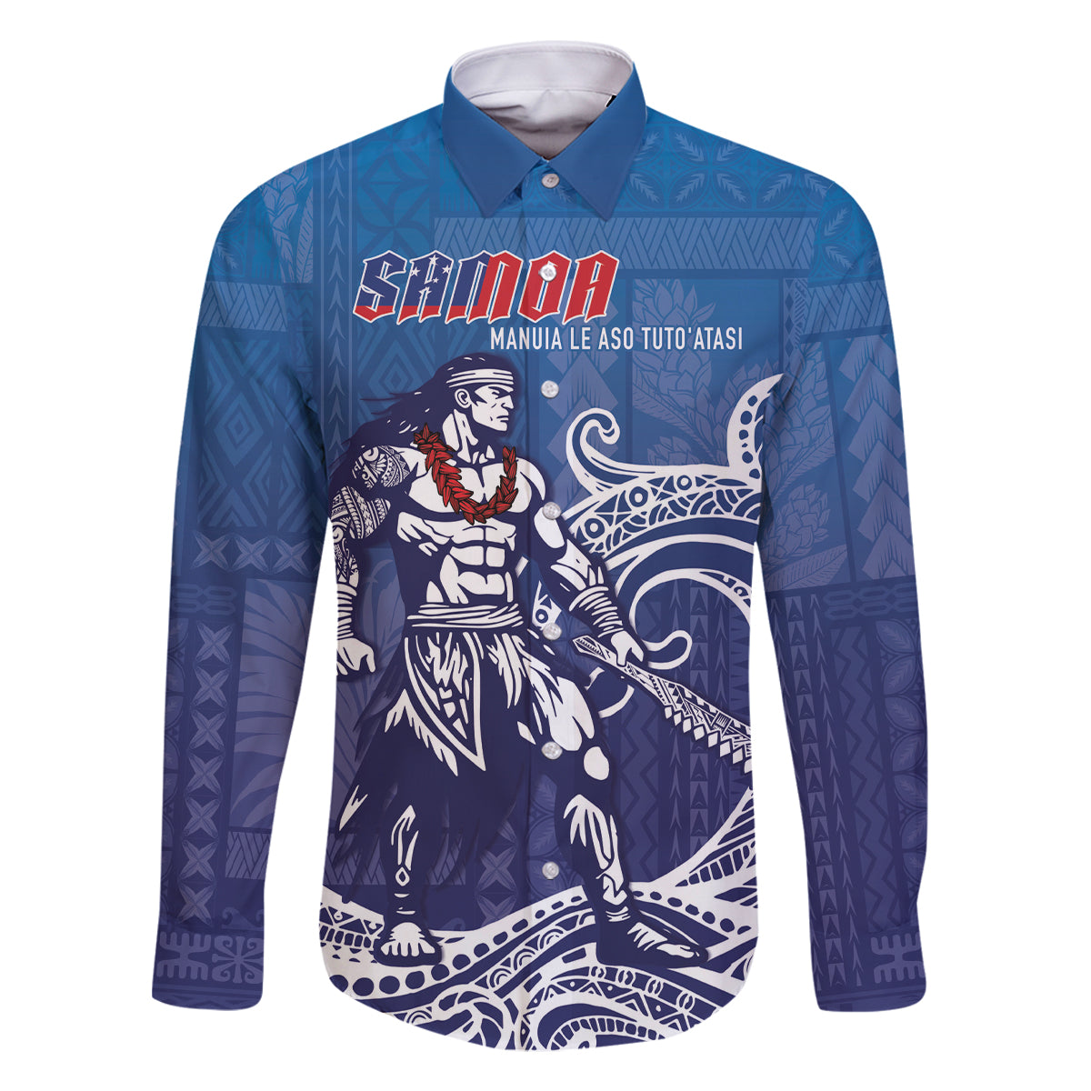 Samoa Manuia le Aso Tuto'atasi Siapo Motif Family Matching Off Shoulder Maxi Dress and Hawaiian Shirt Warrior with Nifo Oti LT7 Dad's Shirt - Long Sleeve Blue - Polynesian Pride