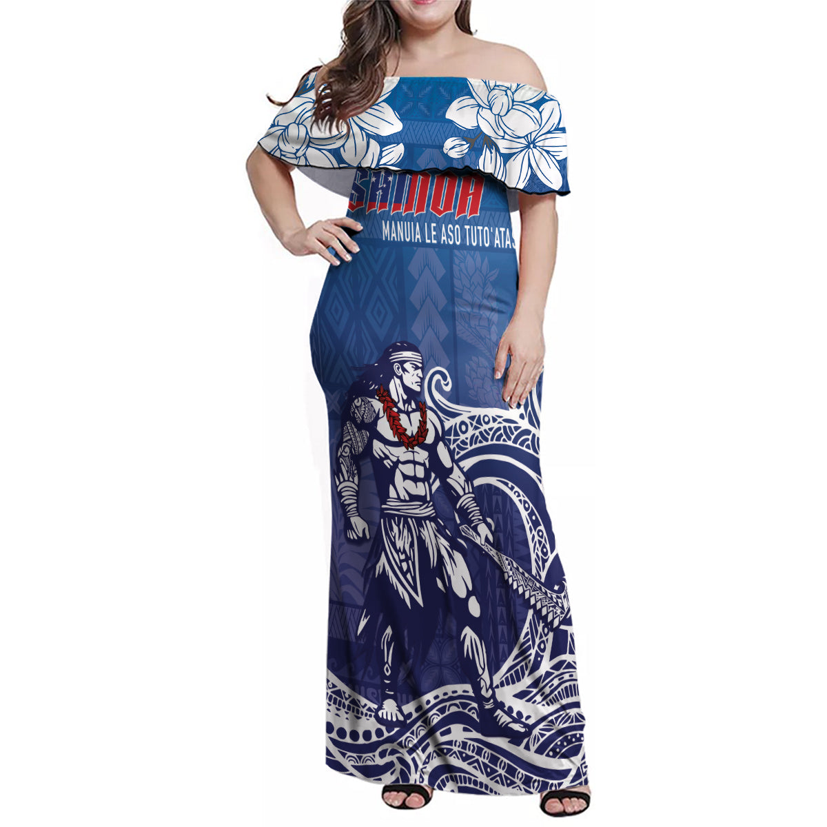 Samoa Manuia le Aso Tuto'atasi Siapo Motif Family Matching Off Shoulder Maxi Dress and Hawaiian Shirt Warrior with Nifo Oti LT7 Mom's Dress Blue - Polynesian Pride