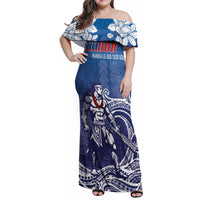 Samoa Manuia le Aso Tuto'atasi Siapo Motif Family Matching Off Shoulder Maxi Dress and Hawaiian Shirt Warrior with Nifo Oti LT7 Mom's Dress Blue - Polynesian Pride