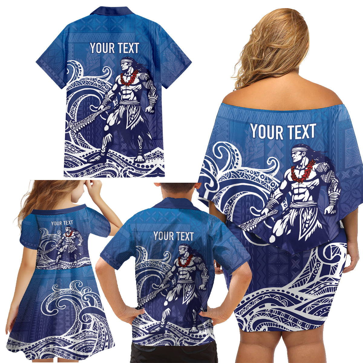 Samoa Manuia le Aso Tuto'atasi Siapo Motif Family Matching Off Shoulder Short Dress and Hawaiian Shirt Warrior with Nifo Oti LT7 - Polynesian Pride