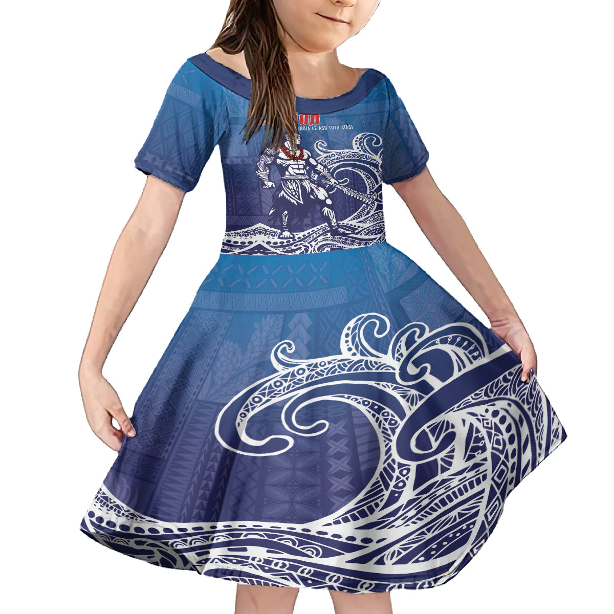 Samoa Manuia le Aso Tuto'atasi Siapo Motif Family Matching Puletasi and Hawaiian Shirt Warrior with Nifo Oti LT7 Daughter's Dress Blue - Polynesian Pride